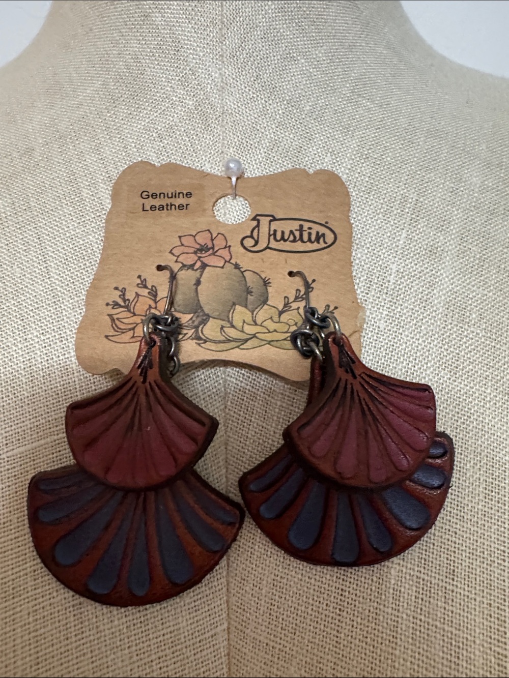 Justin Boots Red and Brown Layered Leather Fan Earrings & oval leather earrings